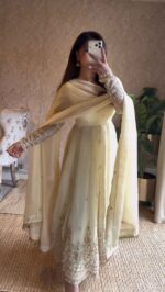 Off White Color Fendi Silk Fabric Thread With Sequence Work Anarkali Suit