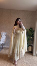 Off White Color Fendi Silk Fabric Thread With Sequence Work Anarkali Suit