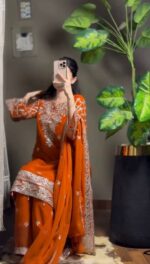 Orange Color Faux Georgette Fabric Sequence Work Palazzo Suit