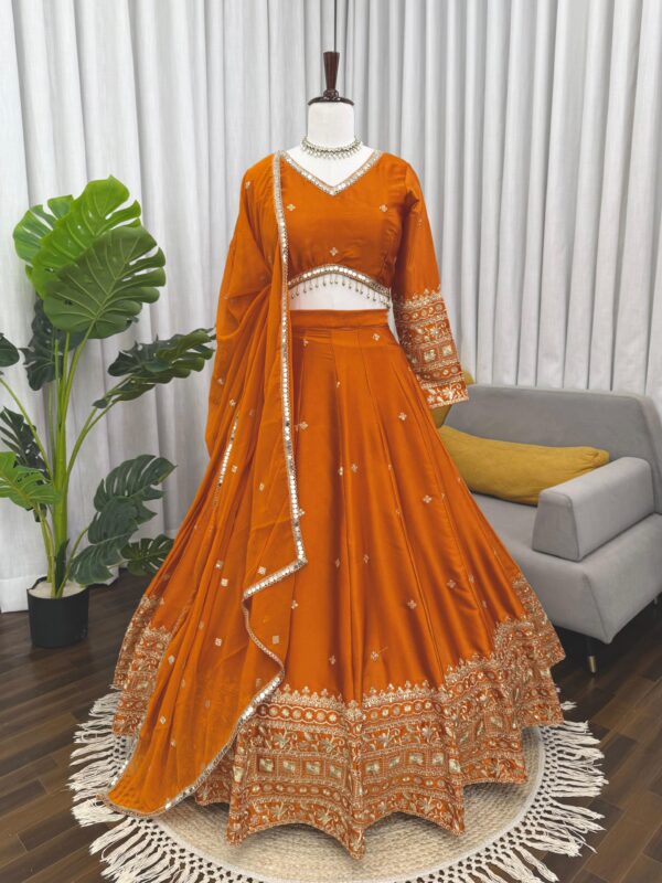 Orange Color Japan Satin Fabric Sequence Work Lehenga