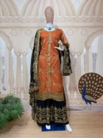 Orange Color Nylon Twill Net Fabric Sequence With Embroidery Work Palazzo Suit