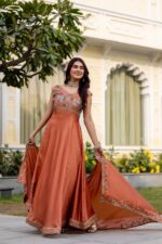 Orange Color Vichitra Silk Fabric Embroidery Work Gown