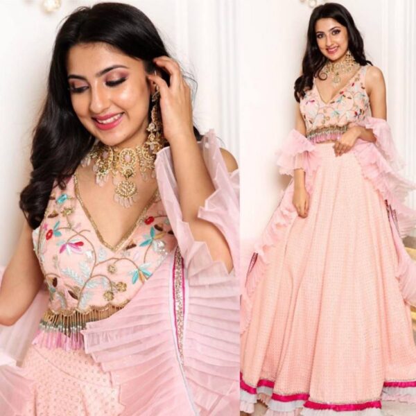 Peach Color Georgette Fabric Sequence Work With Frill Border Work Lehenga