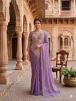Peacock Design Lavender Color Rangoli Silk Fabric Thread Work Ready To Wear Saree