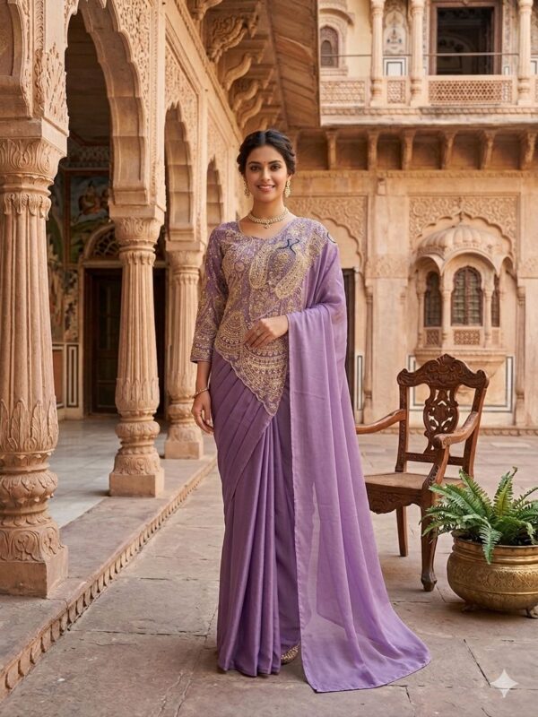 Peacock Design Lavender Color Rangoli Silk Fabric Thread Work Ready To Wear Saree