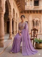 Peacock Design Lavender Color Rangoli Silk Fabric Thread Work Ready To Wear Saree
