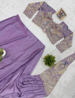 Peacock Design Lavender Color Rangoli Silk Fabric Thread Work Ready To Wear Saree