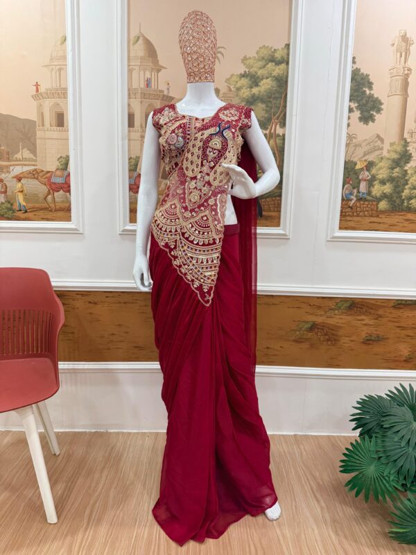 Peacock Design Maroon Color Rangoli Silk Fabric Thread Work Ready To Wear Saree