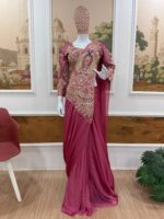 Peacock Design Pink Color Rangoli Silk Fabric Thread Work Ready To Wear Saree