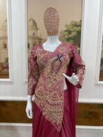 Peacock Design Pink Color Rangoli Silk Fabric Thread Work Ready To Wear Saree