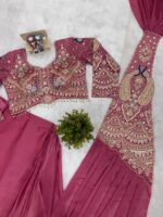 Peacock Design Pink Color Rangoli Silk Fabric Thread Work Ready To Wear Saree