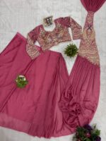 Peacock Design Pink Color Rangoli Silk Fabric Thread Work Ready To Wear Saree