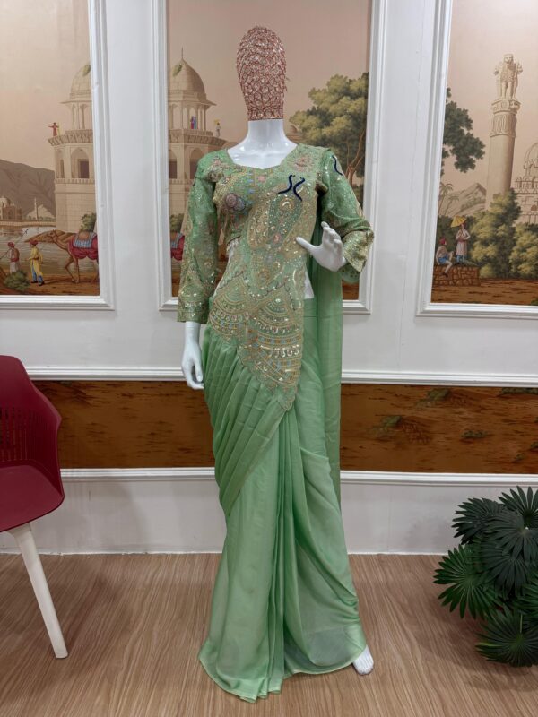 Peacock Design Pista Color Rangoli Silk Fabric Thread Work Ready To Wear Saree