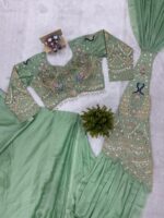 Peacock Design Pista Color Rangoli Silk Fabric Thread Work Ready To Wear Saree