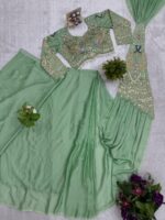 Peacock Design Pista Color Rangoli Silk Fabric Thread Work Ready To Wear Saree