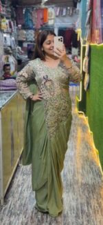 Peacock Design Pista Color Rangoli Silk Fabric Thread Work Ready To Wear Saree