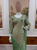 Peacock Design Pista Color Rangoli Silk Fabric Thread Work Ready To Wear Saree