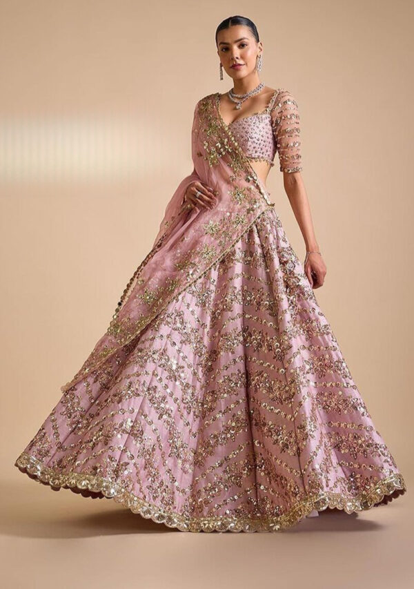 Pink Color Chinon Silk Fabric Multi Thread With Sequence Work Lehenga