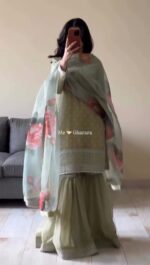 Pista Color Faux Georgette Fabric Thread With Sequence Work Sharara Set