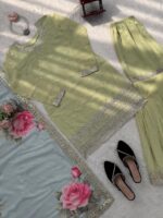 Pista Color Faux Georgette Fabric Thread With Sequence Work Sharara Set