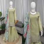 Pista Color Faux Georgette Fabric Thread With Sequence Work Sharara Set