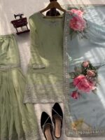 Pista Color Faux Georgette Fabric Thread With Sequence Work Sharara Set