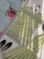 Pista Color Faux Georgette Fabric Thread With Sequence Work Sharara Set