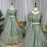 Pista Color Japan Satin Fabric Sequence Work Lehenga