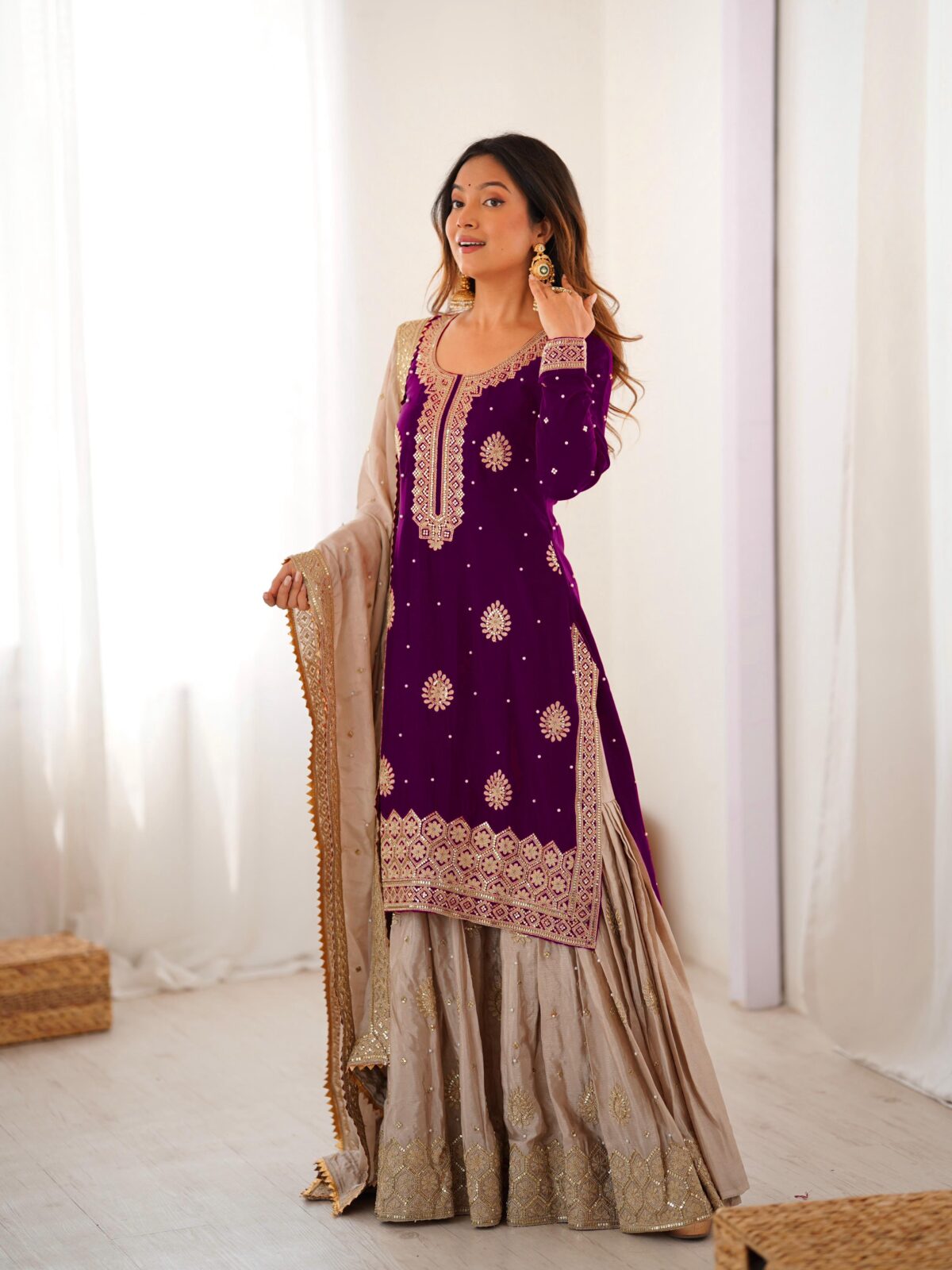 Purple Color Chinon Silk Fabric Pearl Work Sharara Suit