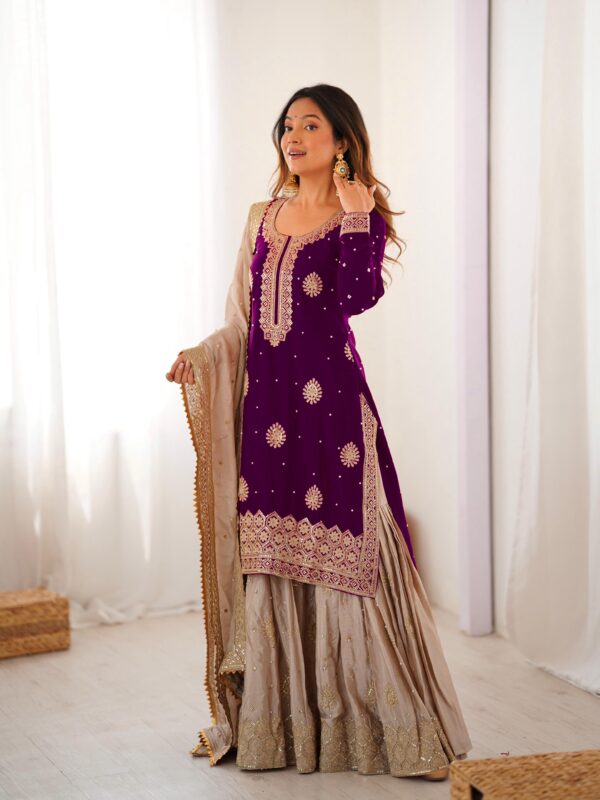Purple Color Chinon Silk Fabric Pearl Work Sharara Suit