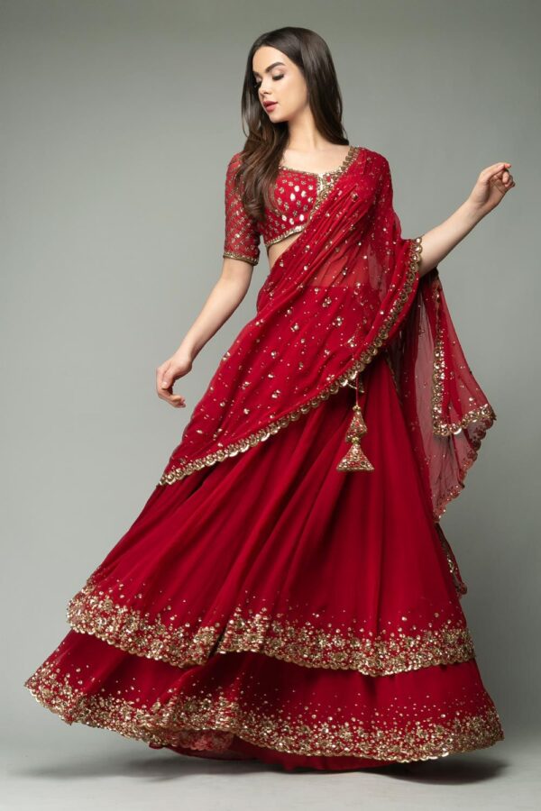 Red Color Georgette Fabric Jari Work With Sequence Work Lehenga
