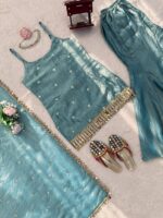 Sky Color Fendi Silk Fabric Sequence With Real Mirror Work Palazzo Suit