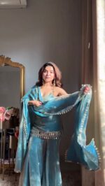 Sky Color Fendi Silk Fabric Sequence With Real Mirror Work Palazzo Suit