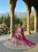 Special For Wedding Pink Color Butterfly Net Fabric Fancy Thread Sequence Work Bridal Lehenga