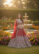 Special For Wedding Red Color Butterfly Net Fabric Fancy Thread Sequence Work Bridal Lehenga
