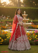 Special For Wedding Red Color Butterfly Net Fabric Fancy Thread Sequence Work Bridal Lehenga