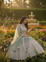 Special For Wedding Sky Color Butterfly Net Fabric Fancy Thread Sequence Work Bridal Lehenga