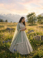 Special For Wedding Sky Color Butterfly Net Fabric Fancy Thread Sequence Work Bridal Lehenga