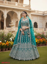 Special For Wedding Teal Green Color Butterfly Net Fabric Fancy Thread Sequence Work Bridal Lehenga