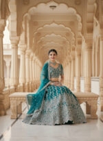 Special For Wedding Teal Green Color Butterfly Net Fabric Fancy Thread Sequence Work Bridal Lehenga