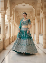 Special For Wedding Teal Green Color Butterfly Net Fabric Fancy Thread Sequence Work Bridal Lehenga