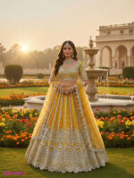 Special For Wedding Yellow Color Butterfly Net Fabric Fancy Thread Sequence Work Bridal Lehenga