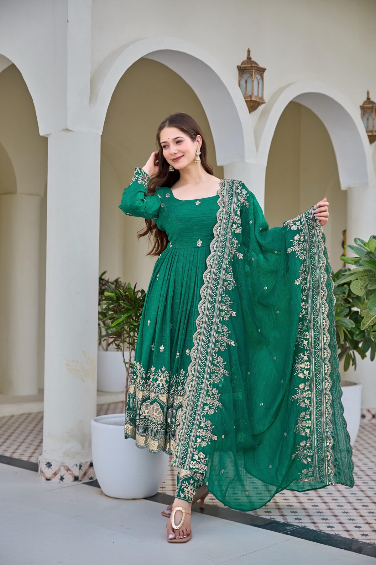 Teal Green Color Crunchy Silk Fabric Sequence Work Anarkali Suit