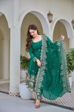 Teal Green Color Crunchy Silk Fabric Sequence Work Anarkali Suit