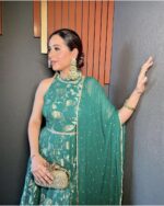 Teal Green Color Pure Banarasi Jacquard Dola Silk Fabric Border Work Gown