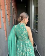 Teal Green Color Pure Banarasi Jacquard Dola Silk Fabric Border Work Gown