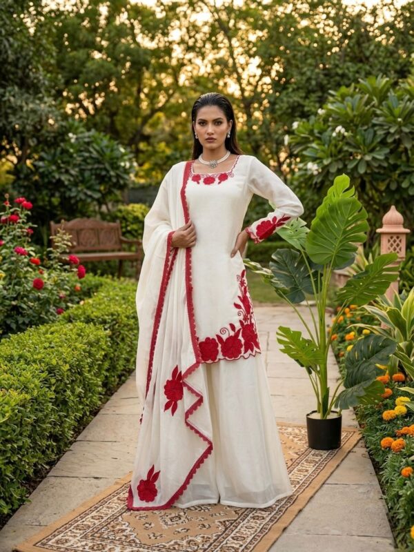 White Color Fendi Silk Fabric Thread With Sequence Work Palazzo Suit