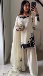 White Color Fendi Silk Fabric Thread With Sequence Work Palazzo Suit