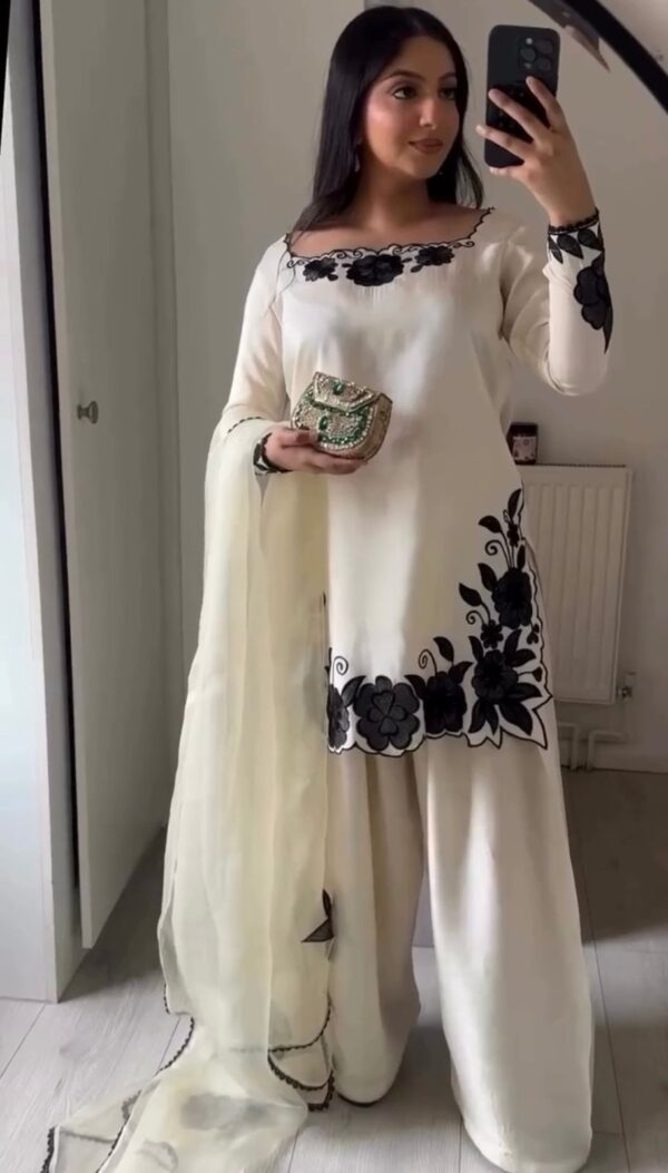 White Color Fendi Silk Fabric Thread With Sequence Work Palazzo Suit