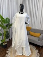 White Color Natural Crepe Fabric Bead Work Lace Border Work Palazzo Suit